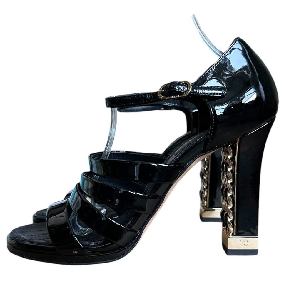 Chanel Black Patent Leather Gold Chain Open Toe Strappy High Heel Sandals 38.5